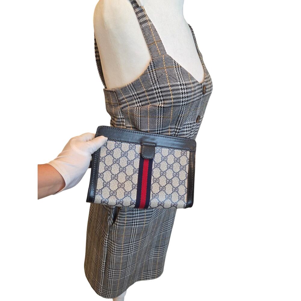 Gucci GG Supreme Web Clutch Pouch Bag Blue Navy Made in Italy Web Stripe Vintage - Picture 8 of 12